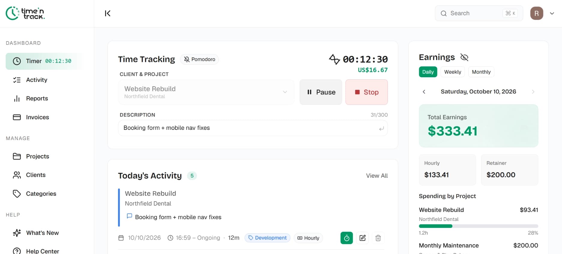 TimeNTrack dashboard showing the timer, today's activity and earnings