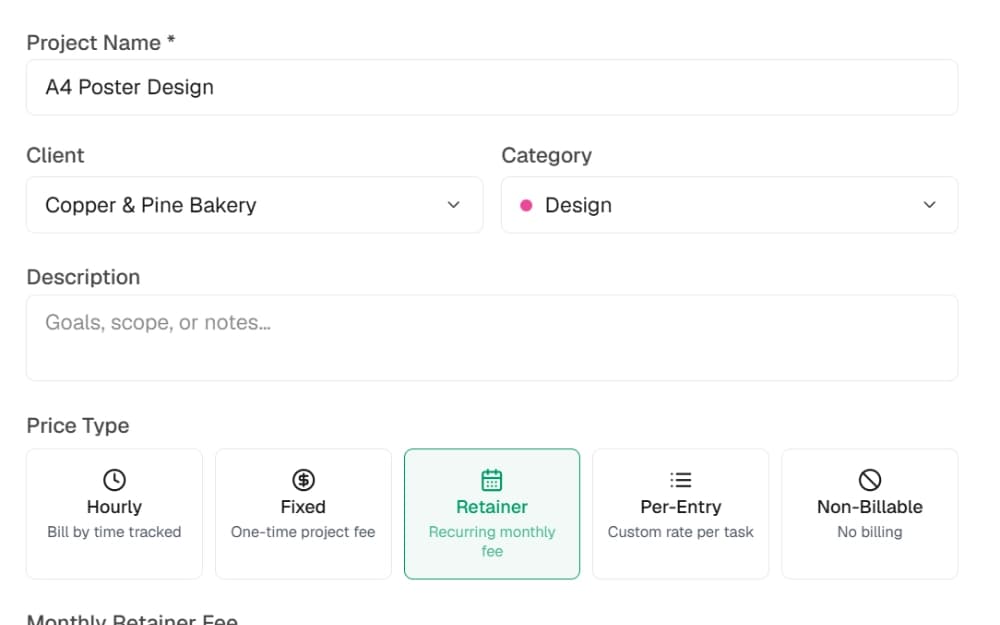 Project form with client, category and hourly, fixed, retainer or per-entry pricing