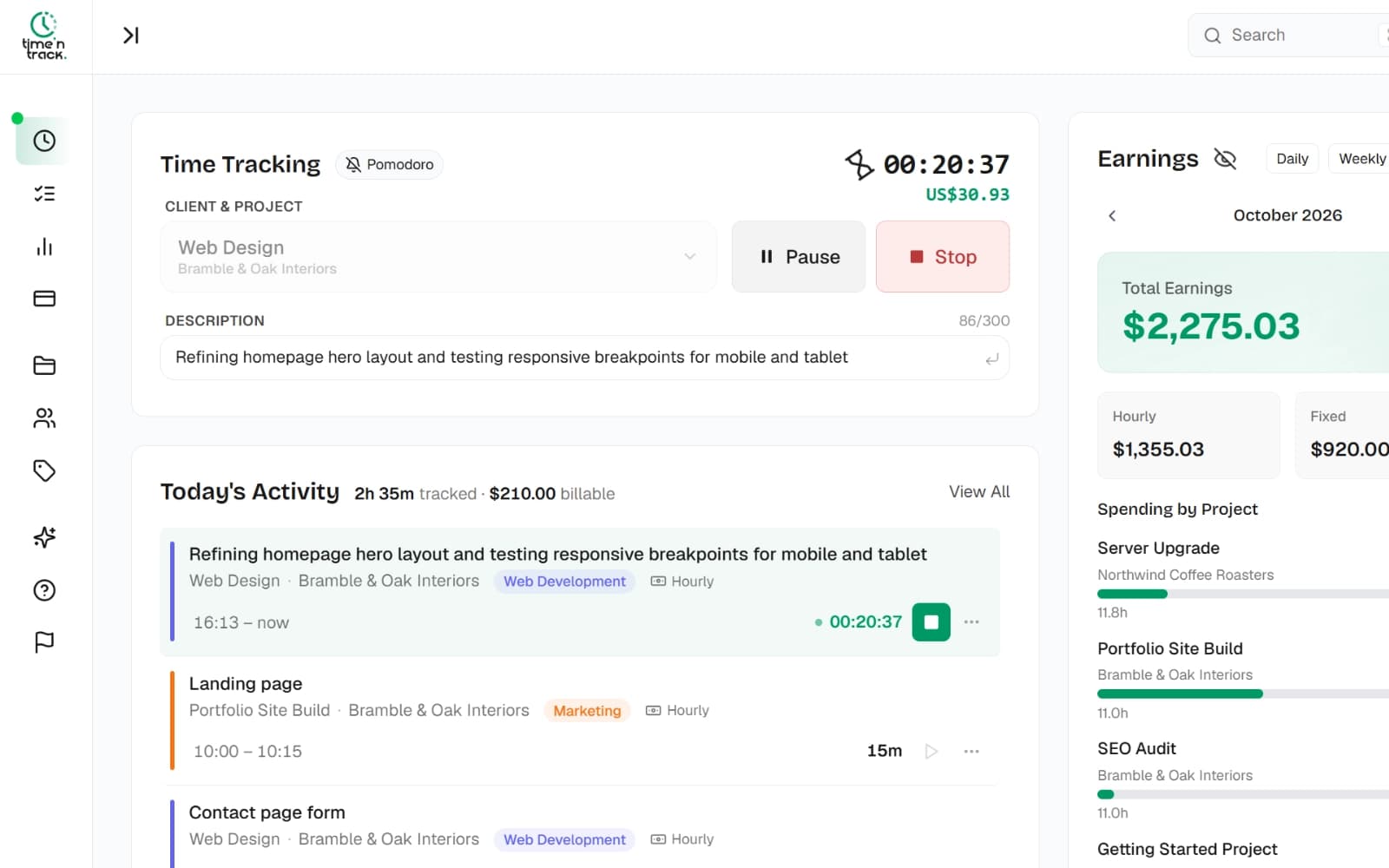 TimeNTrack timer with today's activity and live earnings